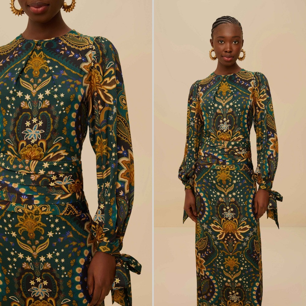 NWT Farm Rio Jaipur Black Maxi Dress Medium Green Paisley Open Back Long Sleeve - Picture 3 of 13